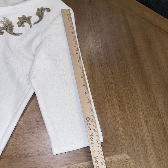 Onque Casual White Textured 3/4 Sleeve Top Sequin Embellished V-Neck Size L - Picture 6 of 7